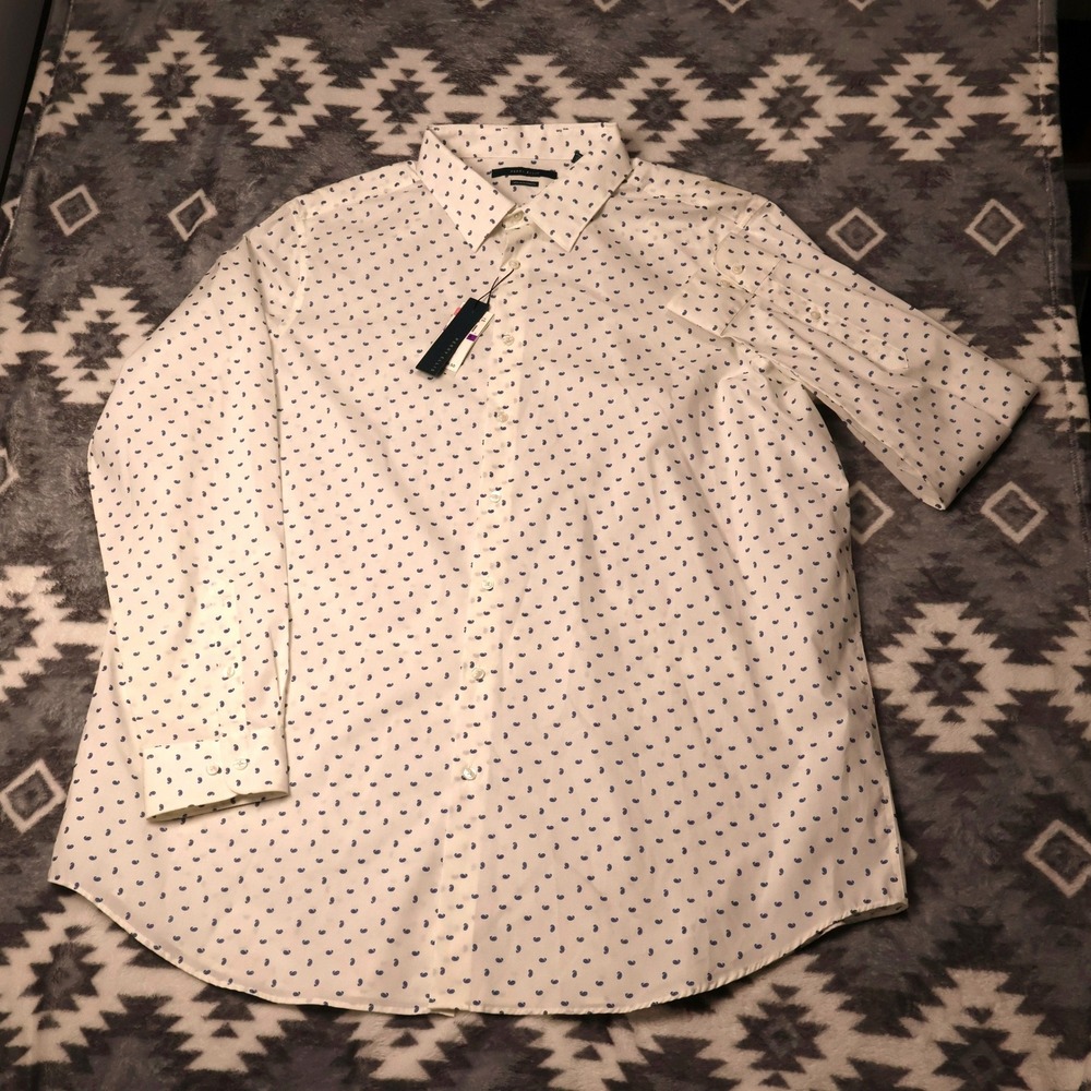 Perry Ellis 2XLT White Blue Paisley Non Iron Stretch Button Down Mens Shirt
